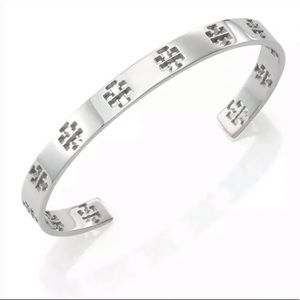 Tory Burch Silver Logo Cut Out Cuff Bracelet